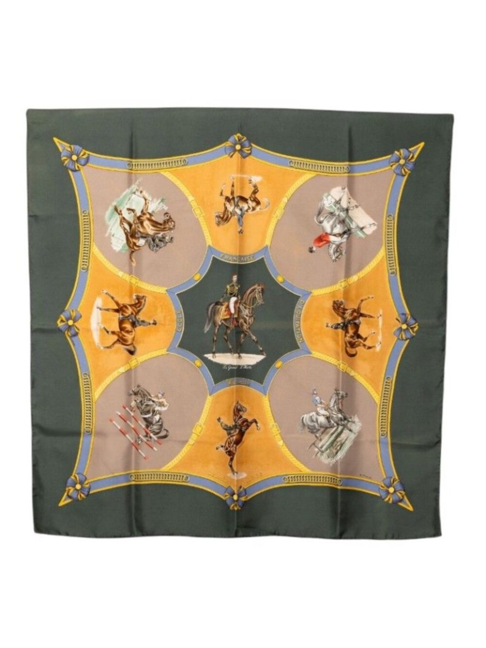 Hermes Carre 90 Saumur National Equestrian School Scarf Large Green Silk